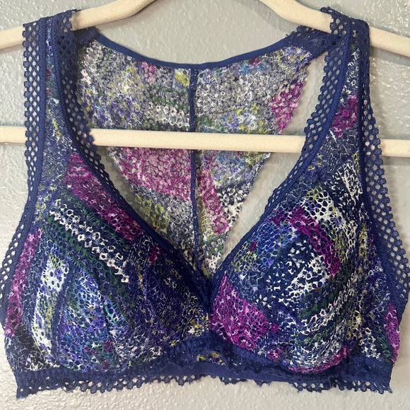 Victoria Secret Lace Bralette Racerback Floral Print Padded Bra Blue Small S - Picture 2 of 6